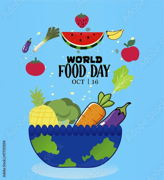 Fototapeta World Food Day celebration card vector design illustration. Flat vector, Flat cartoon, Hand-drawn template, Background.