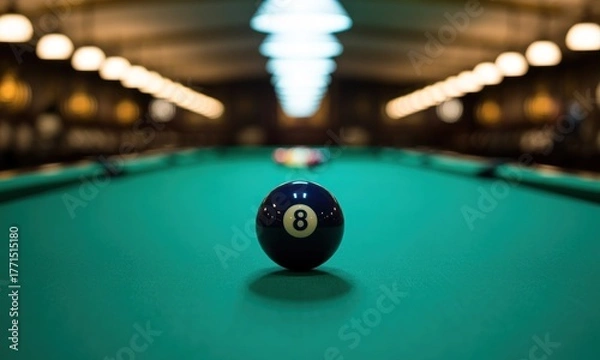 Fototapeta A solitary eight ball on a pool table, blurred background