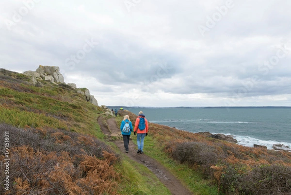 Fototapeta Groupe de randonneurs sur un sentier côtier en Bretagne