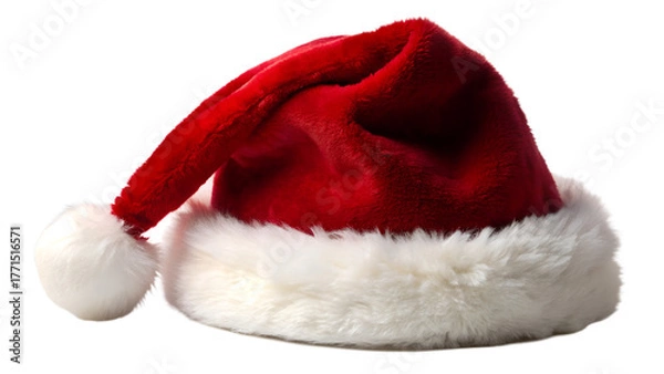 Fototapeta Festive red santa claus hat with white fur trim isolated on transparent background, a classic symbol of christmas and holiday cheer