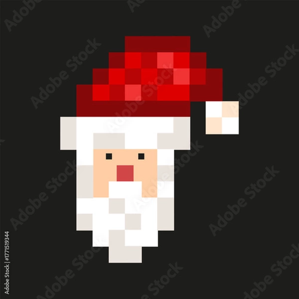 Fototapeta Pixel vector Santa Claus icon isolated black background. Modern Pixel art Santa template design. Perfect retro element  for Christmas art poster card cover decor. EPS 10