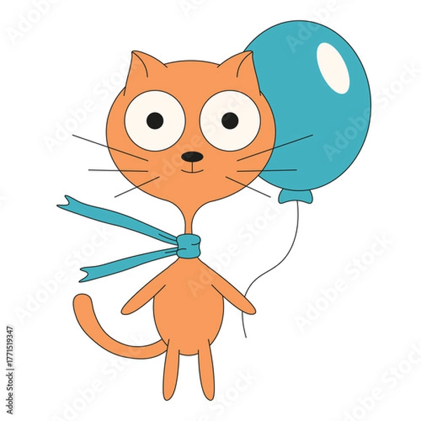 Fototapeta Cute vector Cat with air balloon isolated transparent background. Vector illustration of simple hand drawn ginger Cat. Perfect kids t-shirt print nursery wall decor. Editable stroke EPS 10