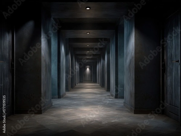 Obraz Dark Hallway Interior Design with Recessed Lighting and Textured Walls Architectural Passage Mystery and Enigma in a Modern Building