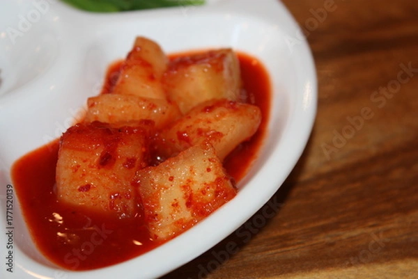 Obraz South Korean Food Dwaeji Gukbap Side Dishes: Ssamjang, Vegetables, and Kkakdugi Kimchi