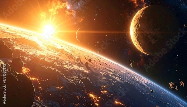 Fototapeta A cosmic view of a sun rising over a blue and brown planet with a moon and asteroids against a star field