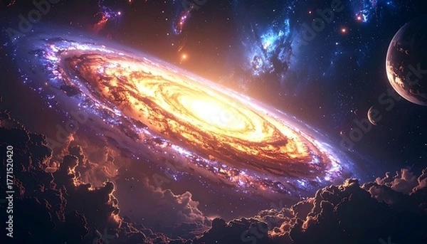 Fototapeta A dazzling, swirling galaxy illuminates a dramatic cloudy space scene with a moon and celestial nebula in the background