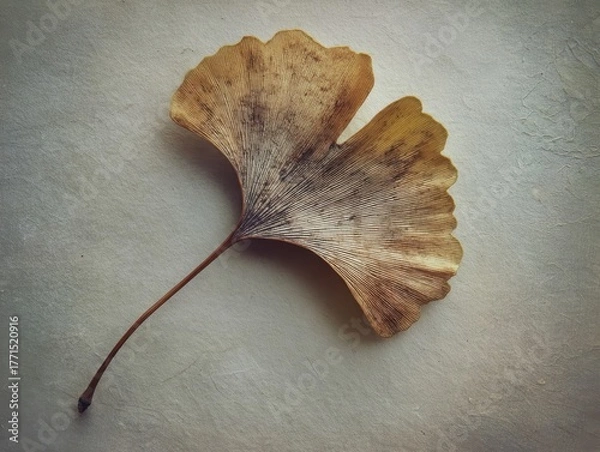 Obraz Autumnal Serenity: Dried Ginkgo Leaf Displayed on Textured Paper, Delicate Veins and Golden Hues, Natural Beauty and Grace of Fall Foliage, Botanical Elegance