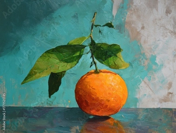 Fototapeta Expressionistic Still Life Painting Orange on Stem with Large Green Leaves Teal Blue Textured Background Artistic Citrus Fruit Artwork.