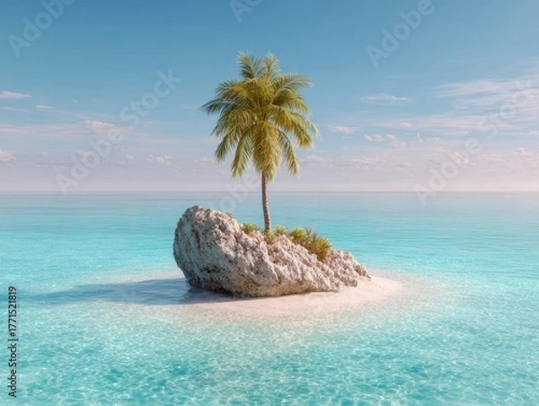 Obraz Small Tropical Islet White Sand Beach Single Palm Tree Clear Turquoise Ocean Blue Sky Horizon Sunny Day Minimal Scenery
