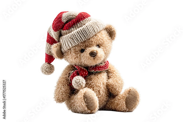 Fototapeta Fuzzy teddy bear wearing winter hat and scarf on a transparent background, cut out