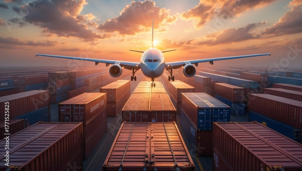 Fototapeta Air freight and maritime shipping concept with airplane and containers at port.