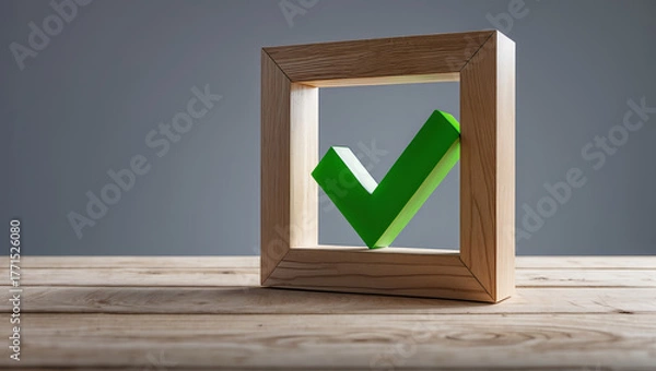 Fototapeta Green check mark icon inside wooden box representing success and correctness.