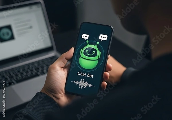 Fototapeta Person holding smartphone with chatbot interface artificial intelligence