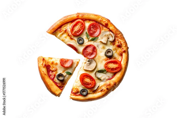 Fototapeta Delicious Pepperoni and Mushroom Pizza Slice With Olives on a transparent background, cut out