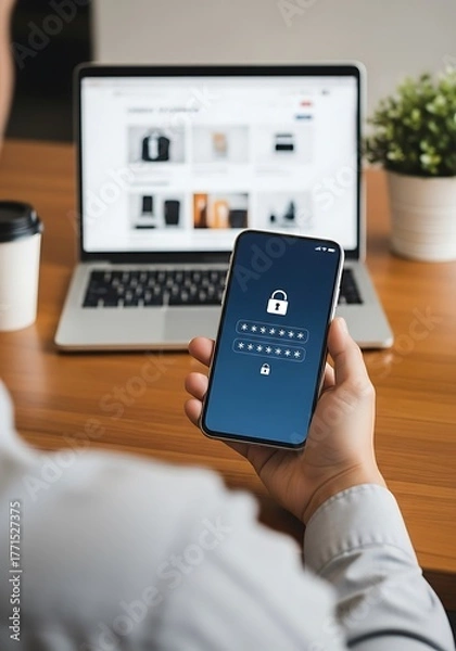 Fototapeta Person holding phone with password screen hand security