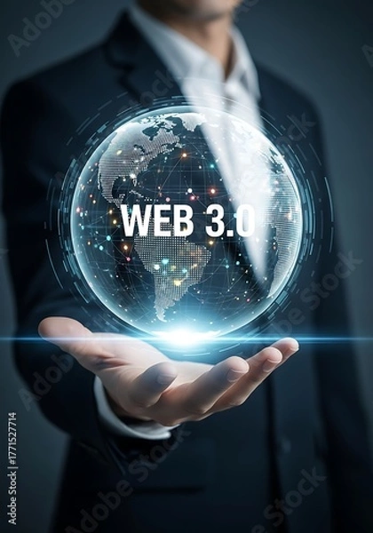 Fototapeta Businessman holding digital globe with web three text