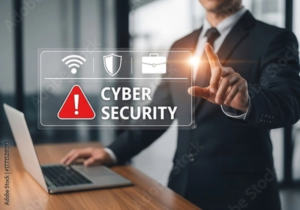 Fototapeta Businessman interacting with cyber security interface