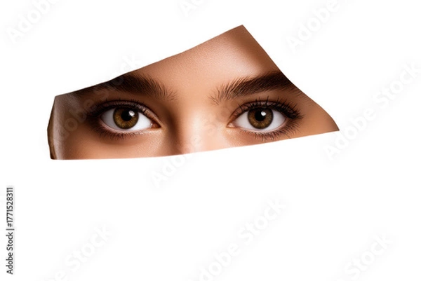 Fototapeta Woman's eye peering through a torn white fabric on a transparent background, cut out