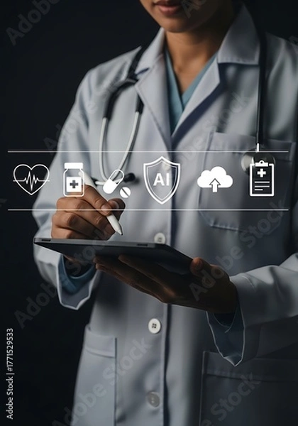 Fototapeta Doctor using tablet with medical icons healthcare technology