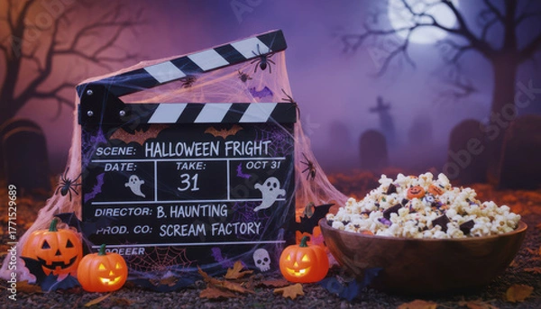 Obraz Halloween clapperboard with popcorn, pumpkins, and spooky decorations creates festive atmosphere