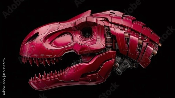 Obraz Metallic Crimson T-Rex: A striking blend of prehistoric power and futuristic engineering. The head of a fearsome mechanical predator, a testament to innovation.