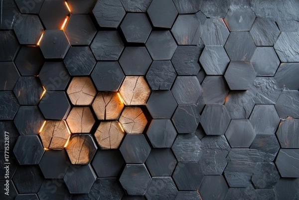 Fototapeta Hexagonal wooden tiles with glowing orange light cracks create futuristic textured wall design with mix of natural wood and dark stone elements, evoking warmth and modern style