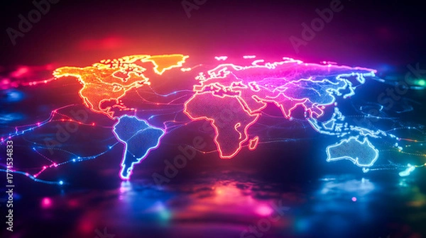 Obraz Abstract neon world map with glowing colorful lines and vibrant energy streams, wallpaper