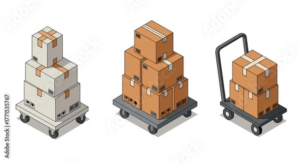 Fototapeta Stacked cardboard boxes on dolly carts in isometric style