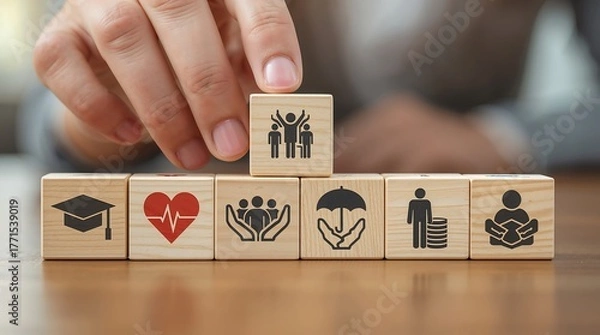 Fototapeta Close-up of a hand arranging wooden blocks on a table, Social welfare and financial security ,education, healthcare, insurance, community support,and retirement savings. Care, protection.