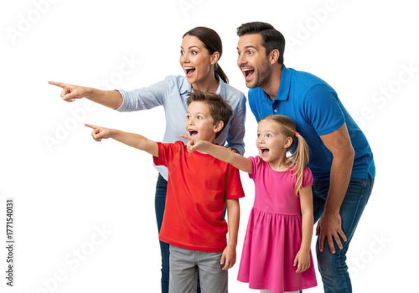 Fototapeta Excited family of four pointing and looking in the same direction with surprise and wonder isolated on transparent background