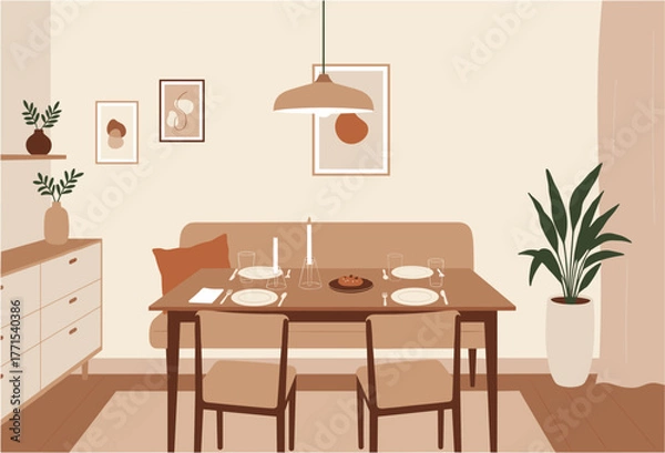 Fototapeta Dining room table setup with decorative elements cozy home digital indoor perspective modern design