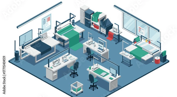 Obraz Modern isometric factory workspace with high-tech equipment and automation