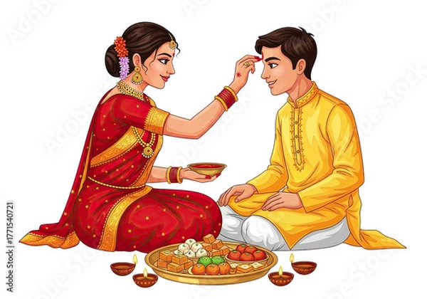 Obraz Indian sister applying tilak on brother s forehead during raksha bandhan festival celebration isolated on transparent background