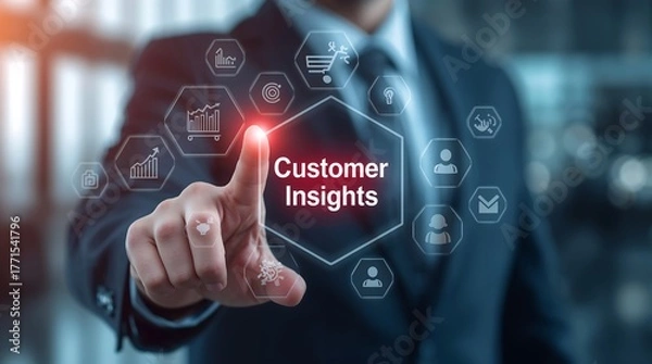 Fototapeta Customer Insights, business and marketing icons,analytics charts, shopping cart, target, handshake, and human profile. Representing customer analytics, digital marketing, and business intelligence.