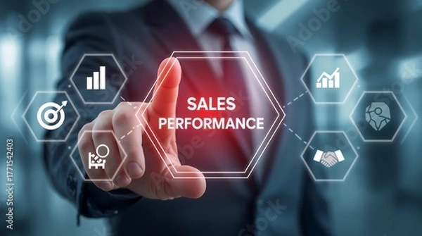 Fototapeta SALES PERFORMANCE. symbolizing business growth and analytics. Icons such as a target, pie chart, bar graph, magnifying glass, and handshake, representing success metrics and performance tracking.