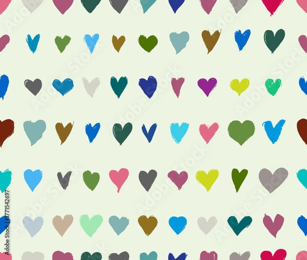 Fototapeta Seamless pattern hand lettering typography poster. Pastel colored hearts are made by hand and brush stroke. Vector seamless pattern. Romantic quote postcard, card, invitation, banner template.