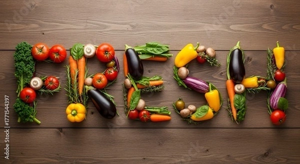 Fototapeta Studio photo of all types of vegetables forming the word fresh on a brown wooden background