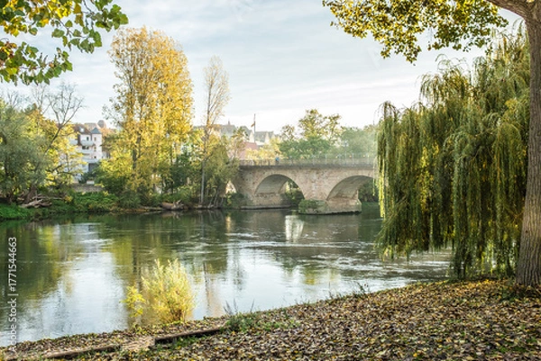 Fototapeta Steinerne Bogenbrücke  aus Quadermauerwerk aus Sandstein und Laubbäumen mit Herbstlaub mit Reflexion in Lauffen am Neckar 