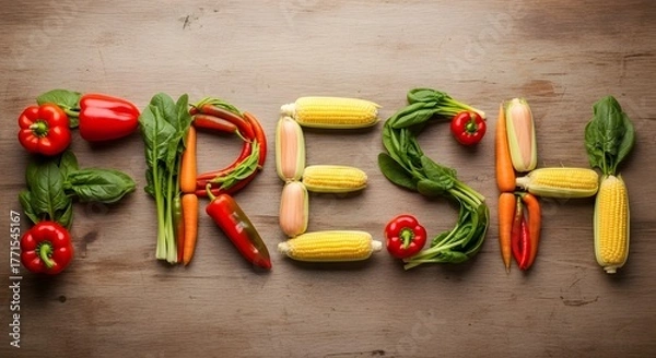 Fototapeta Studio photo of all types of vegetables forming the word fresh on a brown wooden background