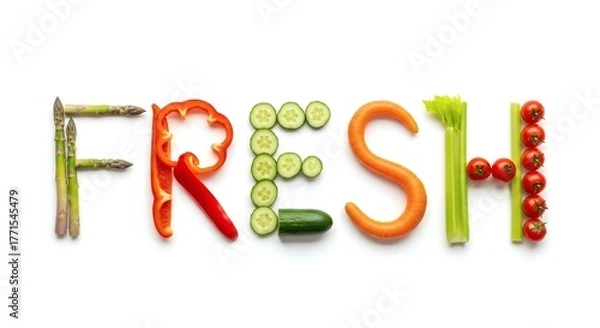 Fototapeta Photo of several vegetables forming the word fresh on a white background