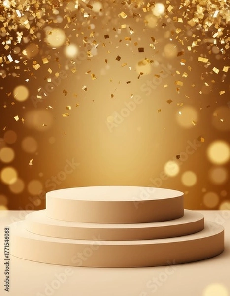 Fototapeta Empty tiered display podium with falling golden confetti and warm bokeh lights, presenting a premium showcase for marketplace product card or awards on a holiday christmas advertising banner