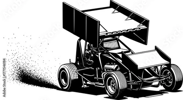 Obraz Sprint Car Silhouette – Black Vector Illustration, Racing Vehicle, Speed, Motorsport, Aerodynamic Design, Race Track, Fast Car, Competition, Clipart, Editable Vector Design.