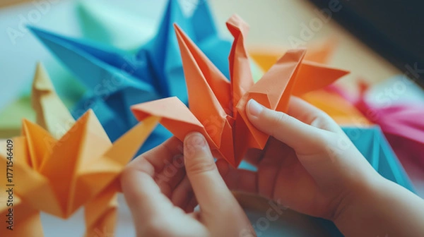 Fototapeta Child's hands creating origami, colorful paper cranes, playful mood, focus on creativity