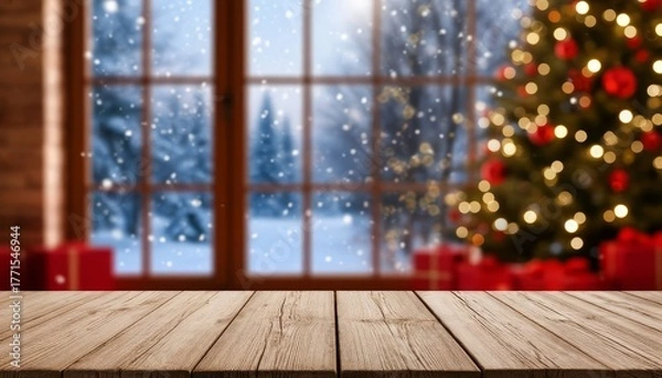 Fototapeta Rustic brown wooden table in foreground for product display, blurred festive christmas tree and window showing snowy forest outside, warm cozy holiday bokeh ambiance copy space