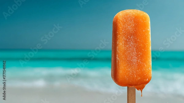 Obraz Orange popsicle melting on a stick at the beach on a summer day