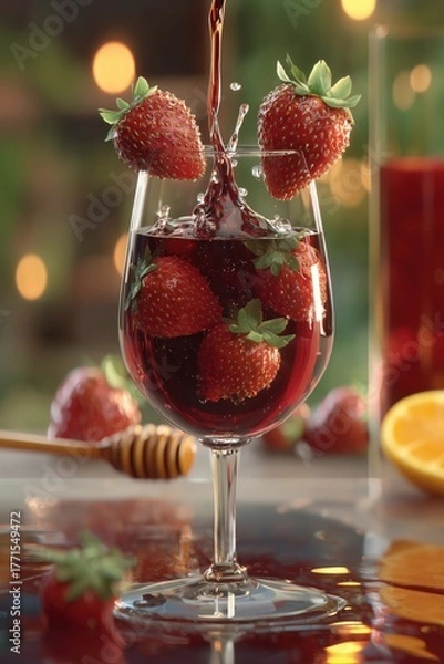 Obraz A glass filled with fresh strawberries and blueberries, as a rich red liquid is poured in. The vibrant fruit and refreshing drink create an indulgent, summer-inspired scene. Concept of fruity beverage