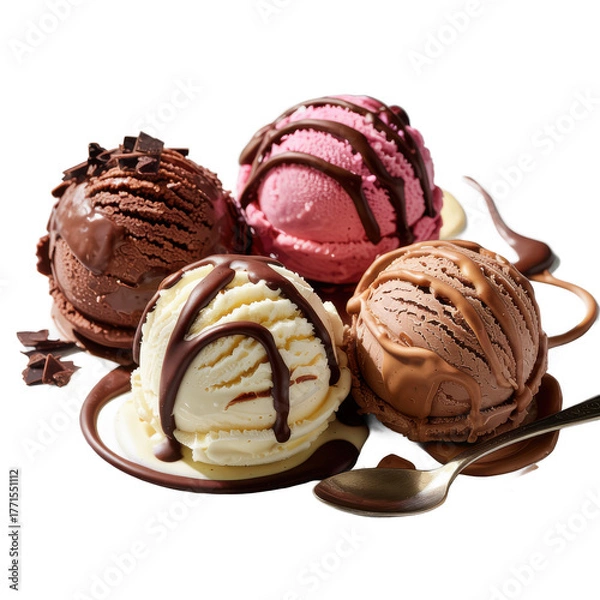 Obraz Ice cream scoops with chocolate drizzle on a dish with spoons