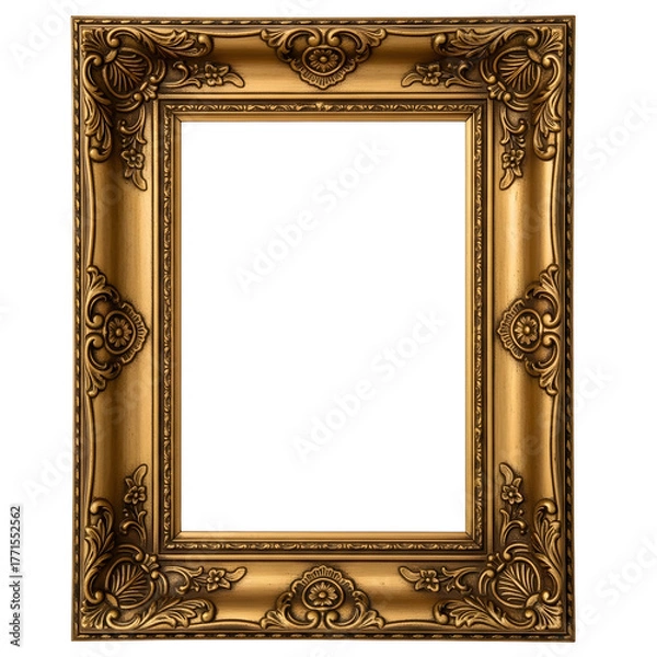 Fototapeta Ornate antique gold picture frame isolated on transparent background