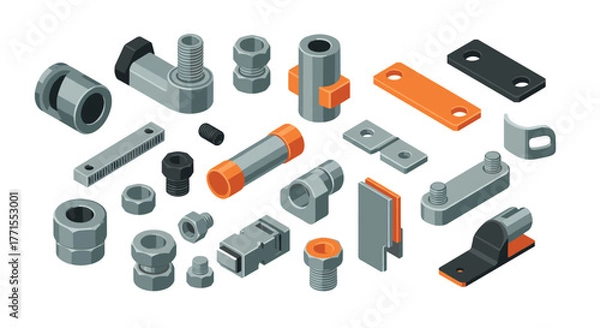 Fototapeta Industrial hardware components isometric design featuring nuts bolts and connectors in orange and gray tones