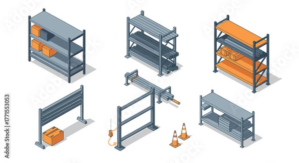 Obraz Industrial storage racks with safety barriers and equipment in isometric design
